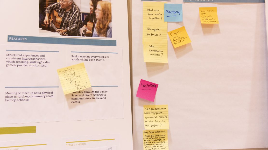 Close up of post it notes on poster boards