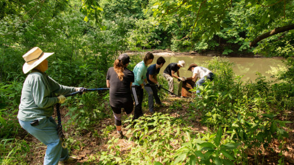 Six people pulling on a rope that is submerged in water