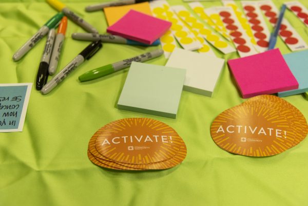 Photo of stickers and post it notes at project activate event