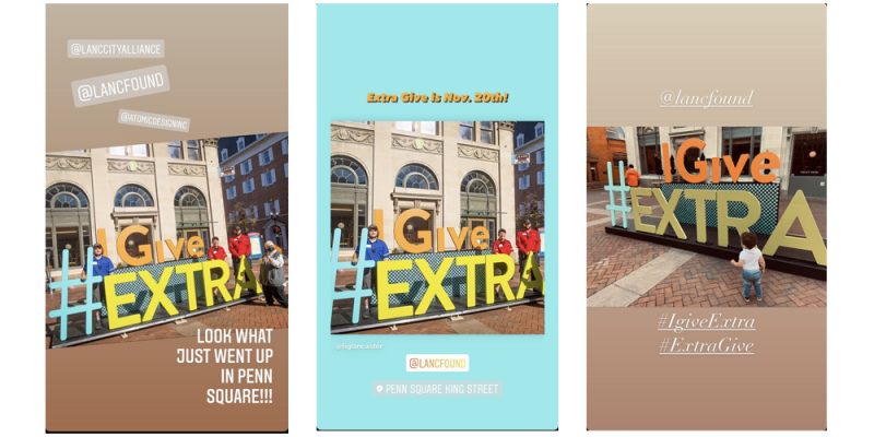Instagram stories featuring the #IGiveExtra letters
